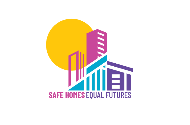 Safe Homes, Equal Futures campaign logo - graphic of a sun behind buildings