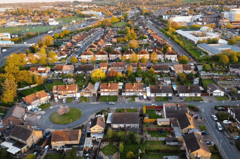 Birds eye view of suburban housing