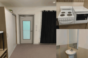 Three photos of a living space with built in robe, oven and stove, and private bathroom