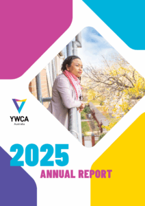 YWCA Australia 2025 Annual Report. A woman looking out over the trees from her balcony