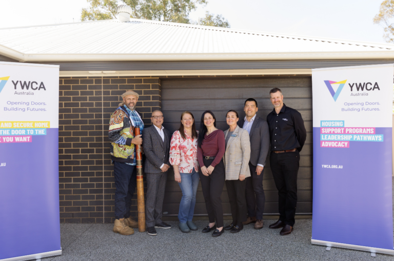 Uncle Darren Wighton, Humair Ahmed from Homes NSW, YWCA Australia's General Manager Property Belinda Goglia and General Manager Housing Operations Libby van der Waal, Deputy Mayor Jessica Kellahan from Albury City Council, YWCA’s Director Development and Housing Desmond Chin and General Manager Jeremy Way from Cavalier Homes.